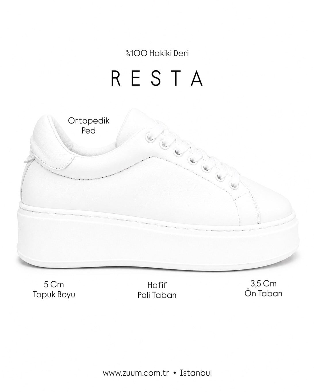 ZUUMSNEAKERResta % 100 Hakiki Deri Kalın Tabanlı Kadın Sneaker - Beyaz Deri