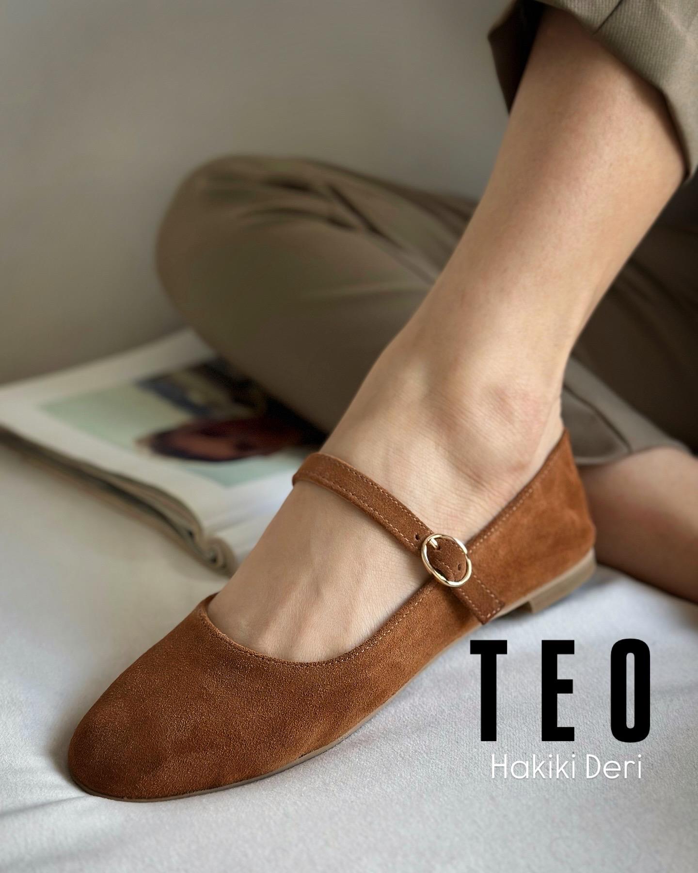 ZUUMBABET & ESPADRİLTeo % 100 Hakiki Süet Mary Jane Kadın Balerin Babet - Taba Süet
