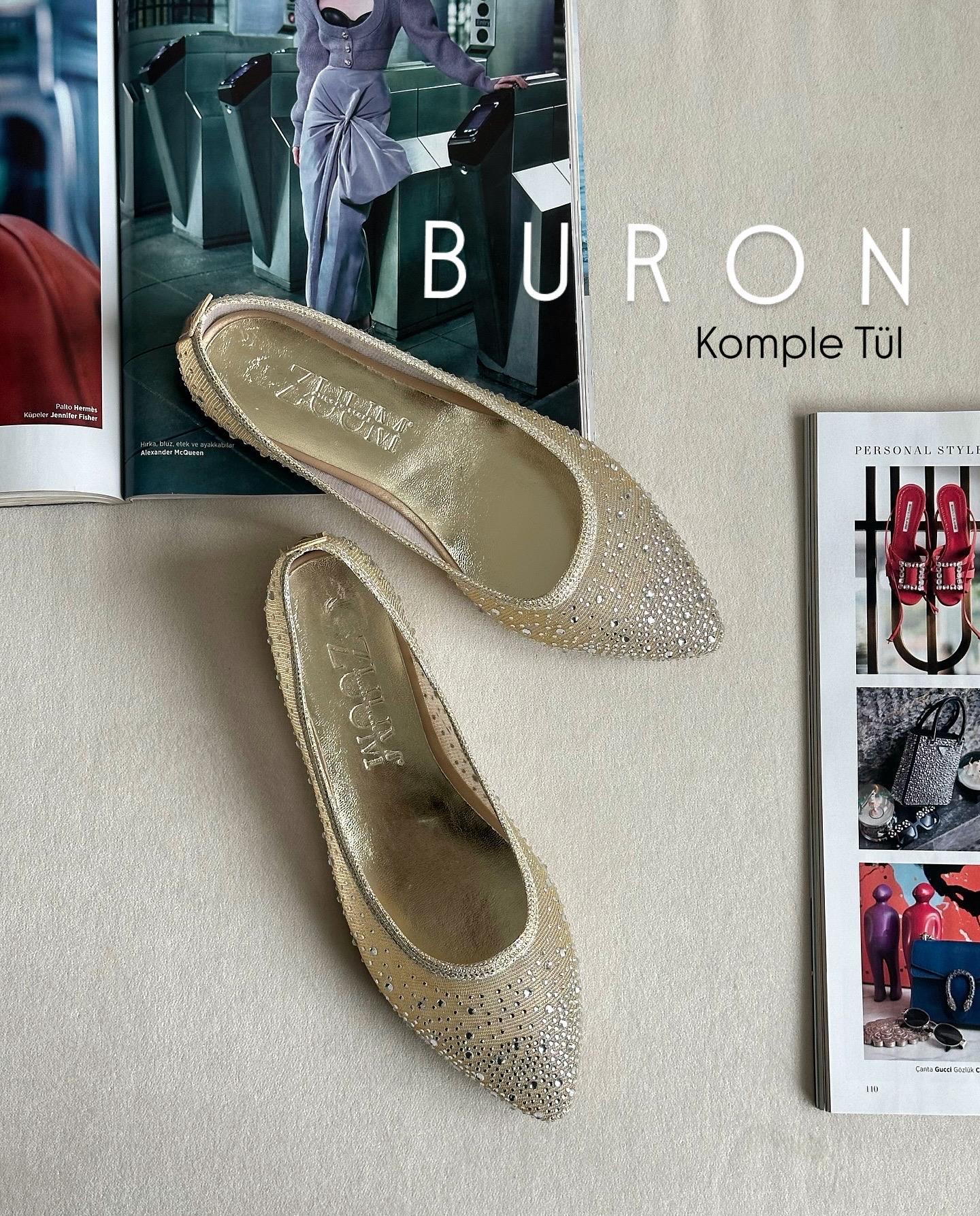 ZUUMBABET & ESPADRİLBuron Tül ve Taş Detaylı Kadın Babet - Altın