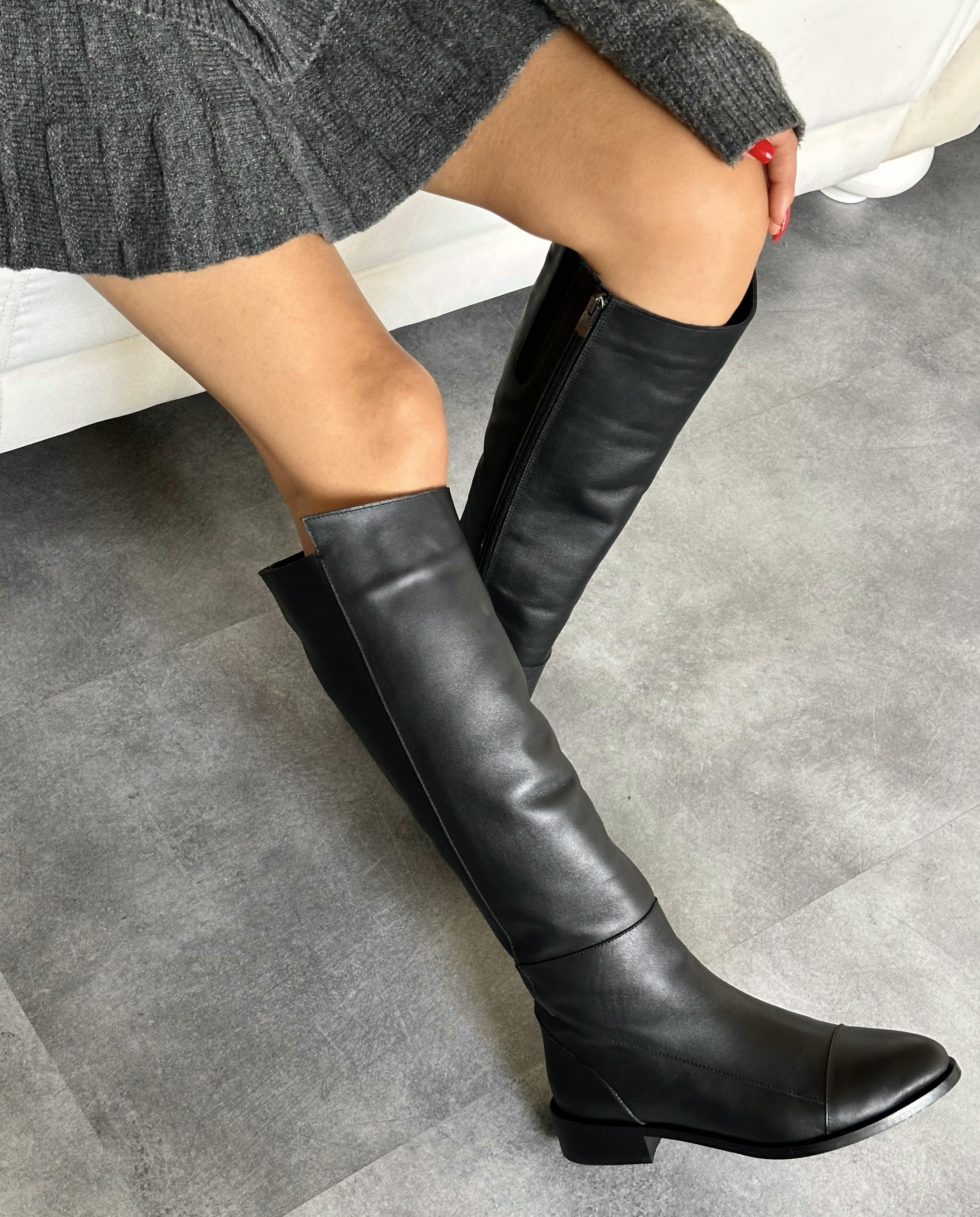 ZUUMGünlük BotDelroz % 100 Hakiki Deri Kadın Dizaltı Çizme - Siyah Deri
