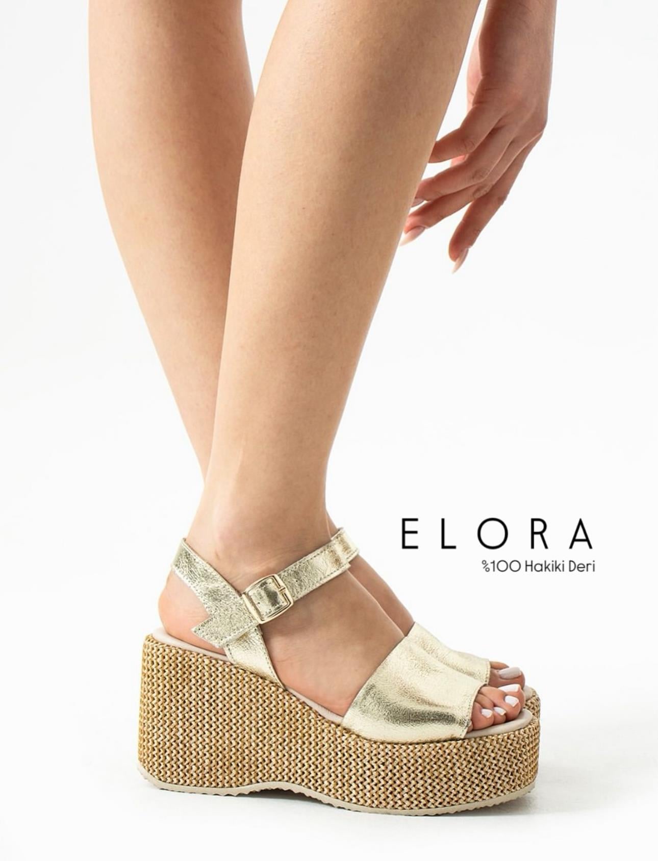 ZUUMSandaletElora % 100 Hakiki Deri & Süet Dolgu Topuk Kadın  Sandalet - Altın Rustik Deri