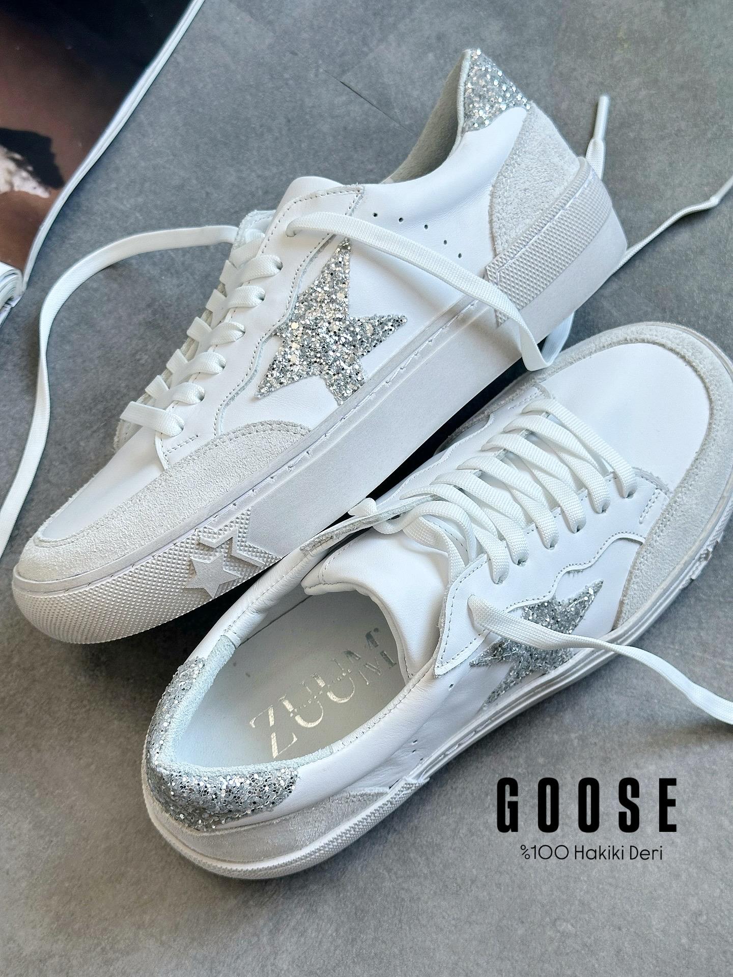 ZUUMSNEAKERGoose % 100 Hakiki Deri Kadın Sneaker - Beyaz Deri & Gümüş