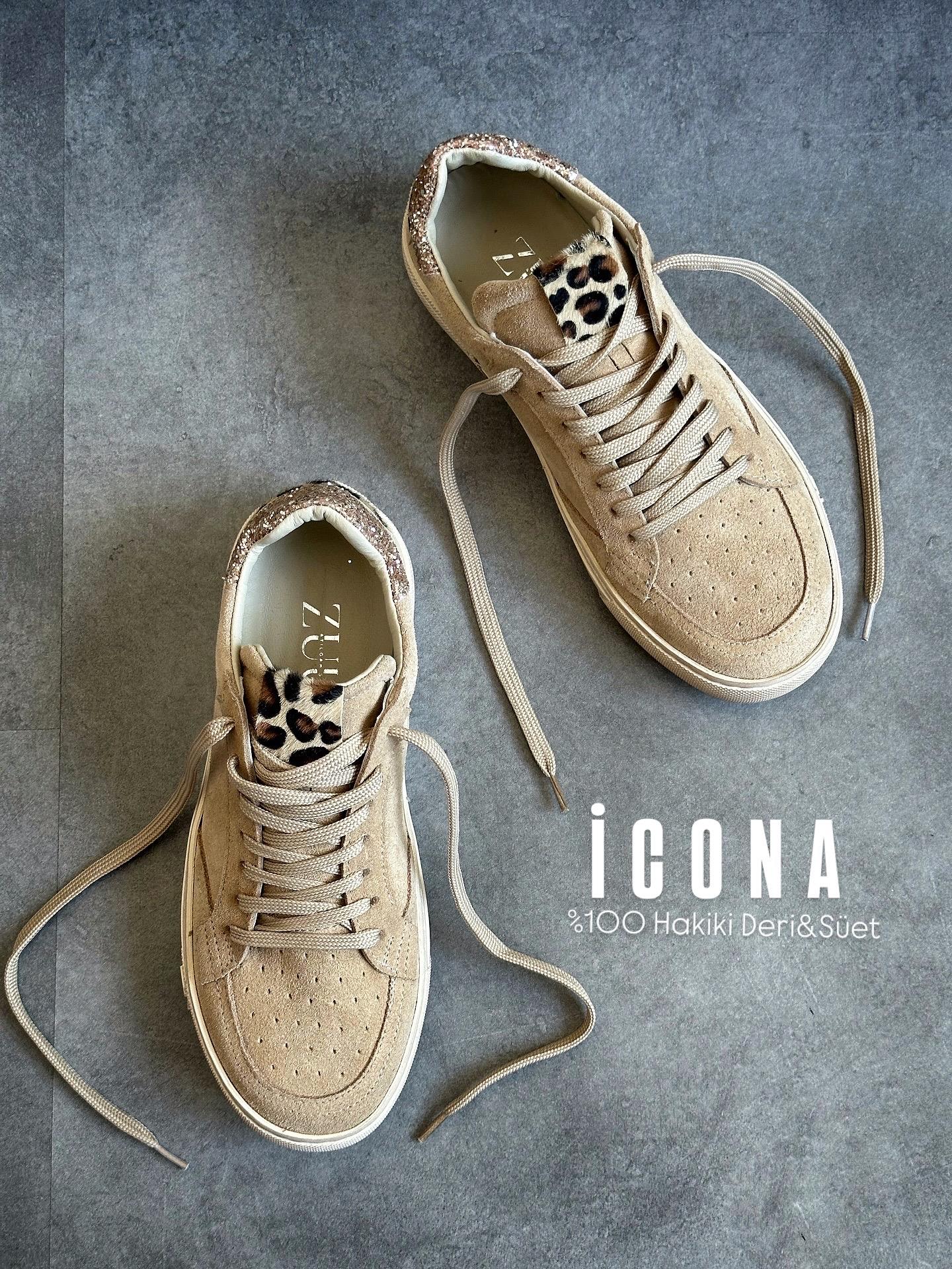 ZUUMSNEAKERIcona % 100 Hakiki Süet Kadın Sneaker - Bej & Leopar