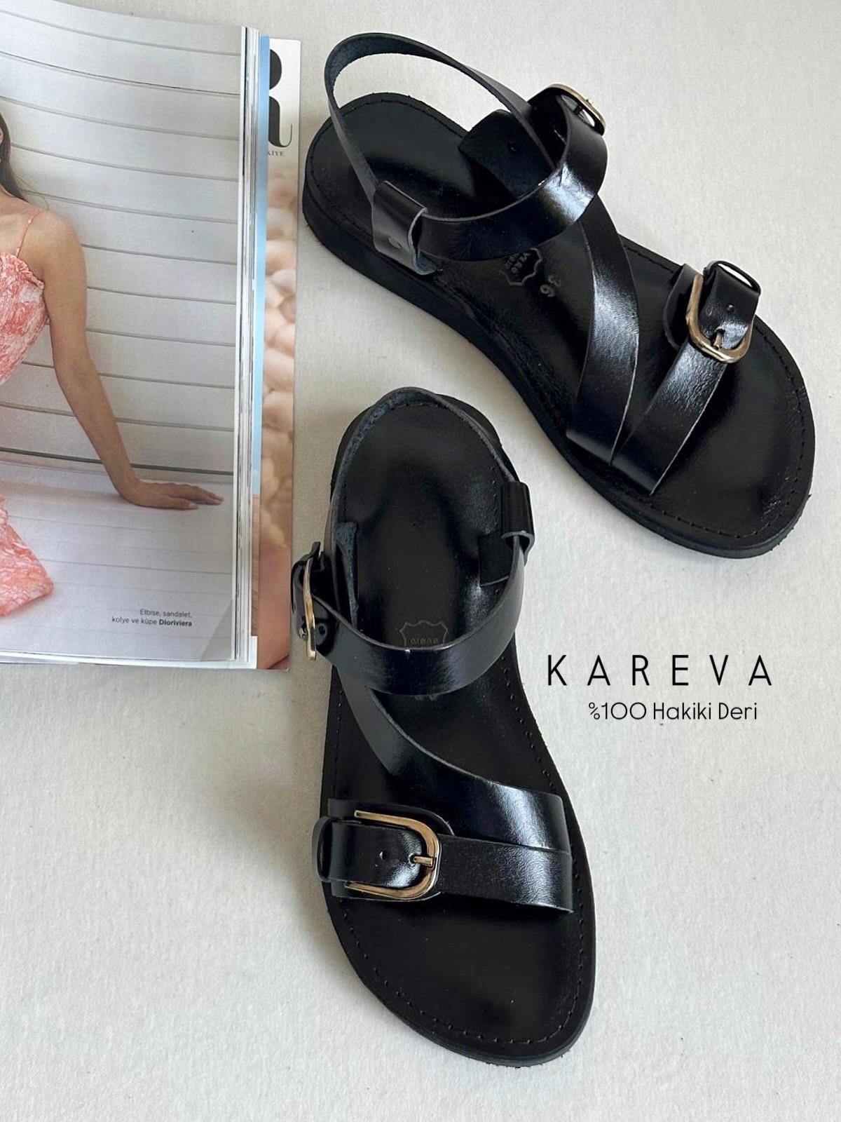 ZUUMSandaletKareva %100 Hakiki Deri Tokalı Kadın Sandalet - Siyah Deri