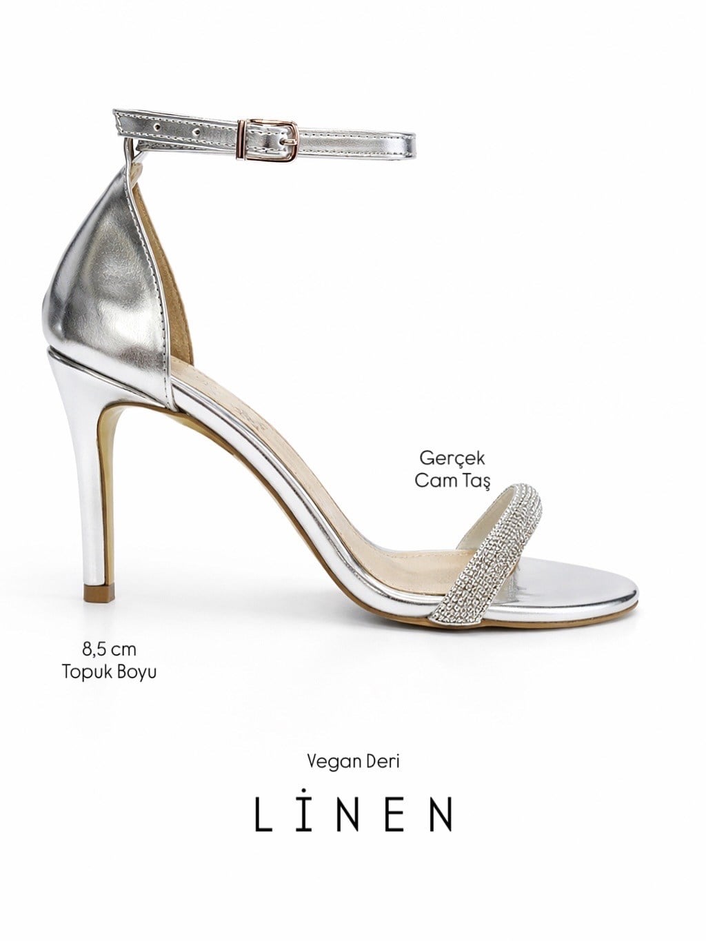 ZUUMİNCE & KALIN TOPUKLULinen Tek Bant Taşlı Topuklu Ayakkabı - Gümüş