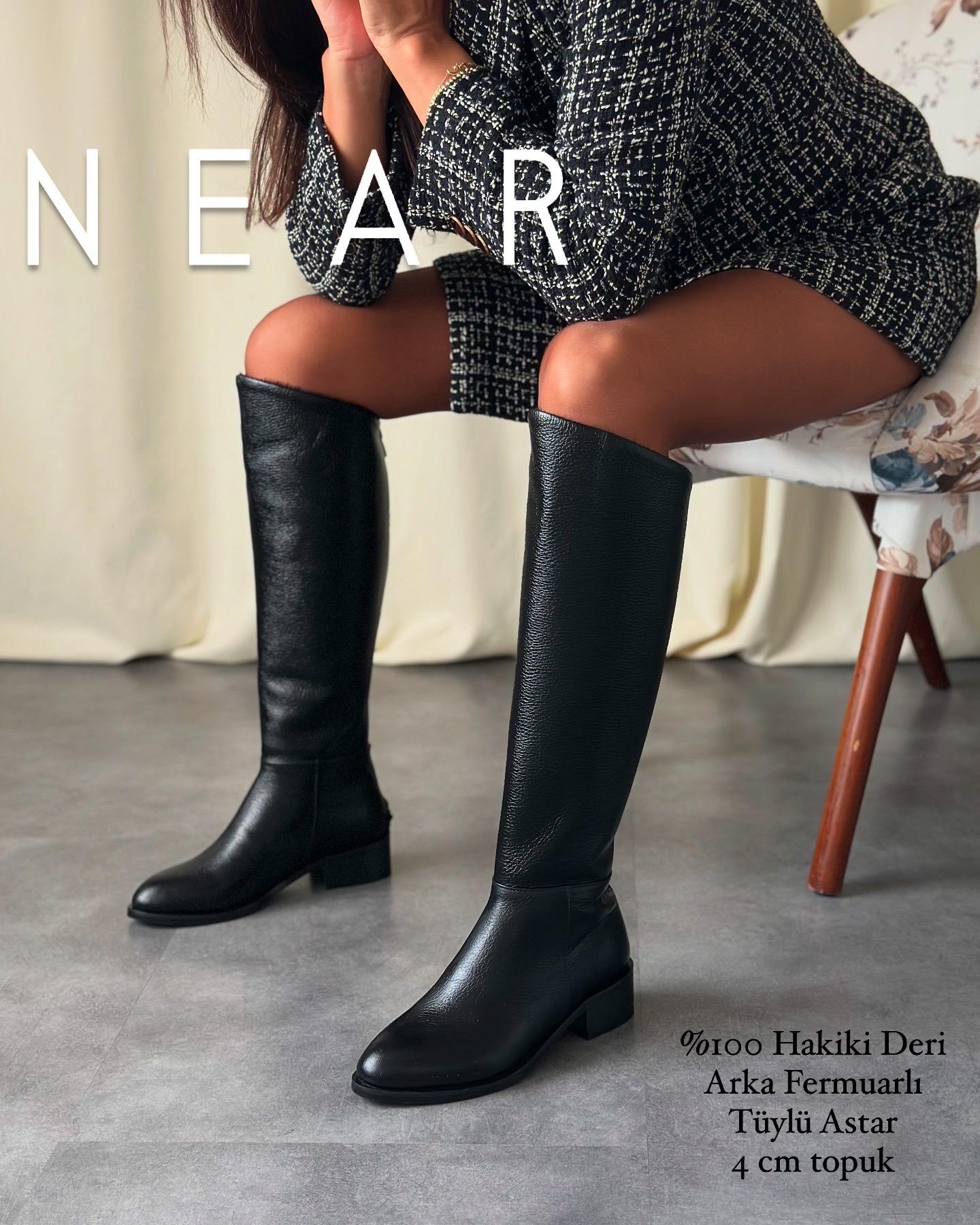 ZUUMBOT & ÇİZMENear %100 Hakiki Deri Arkadan Fermuarlı Kadın Çizme - Siyah Deri