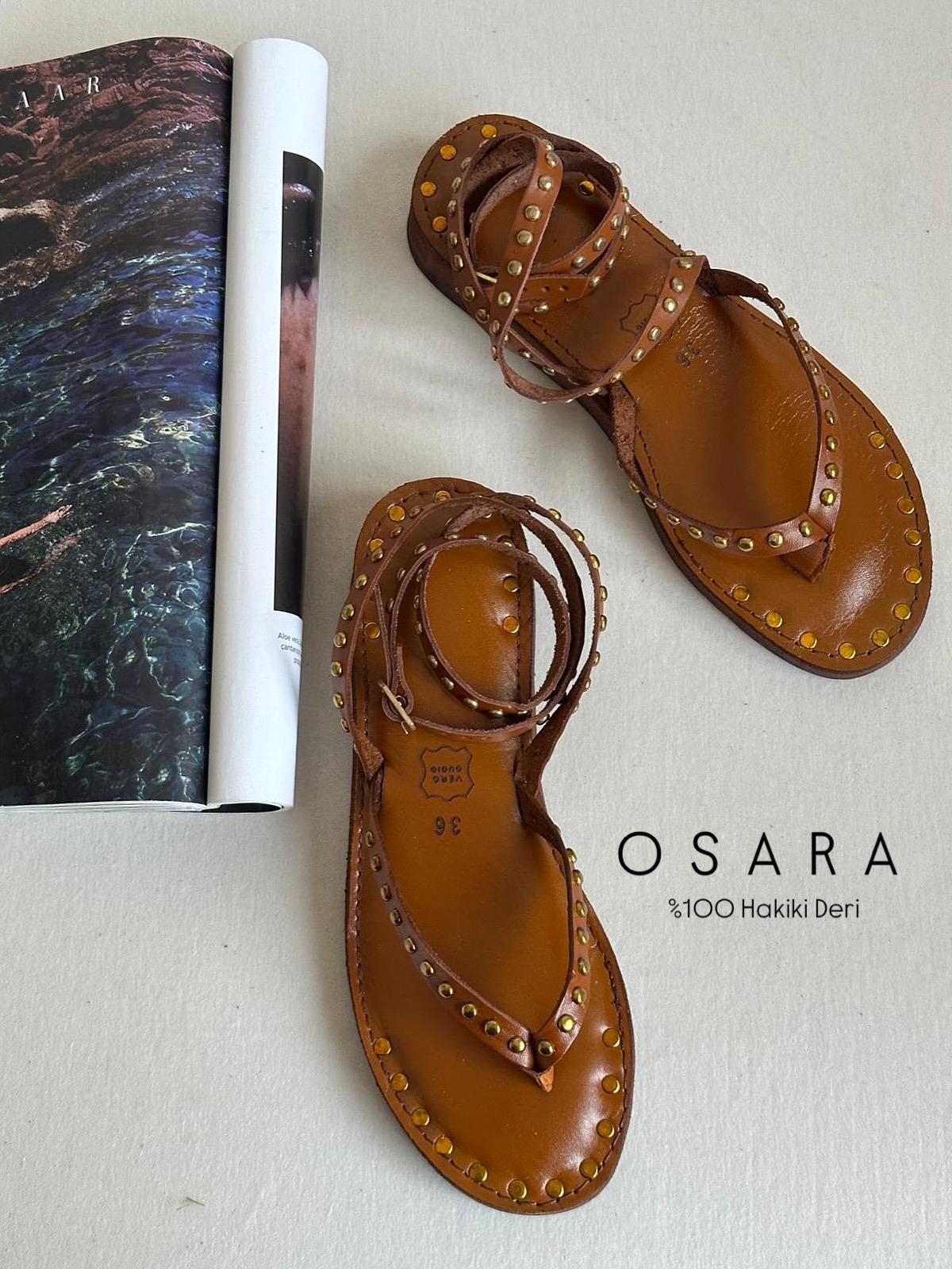 ZUUMSandaletOsara Troklu %100 Hakiki Deri Parmak Arası Kadın Sandalet - Taba Deri