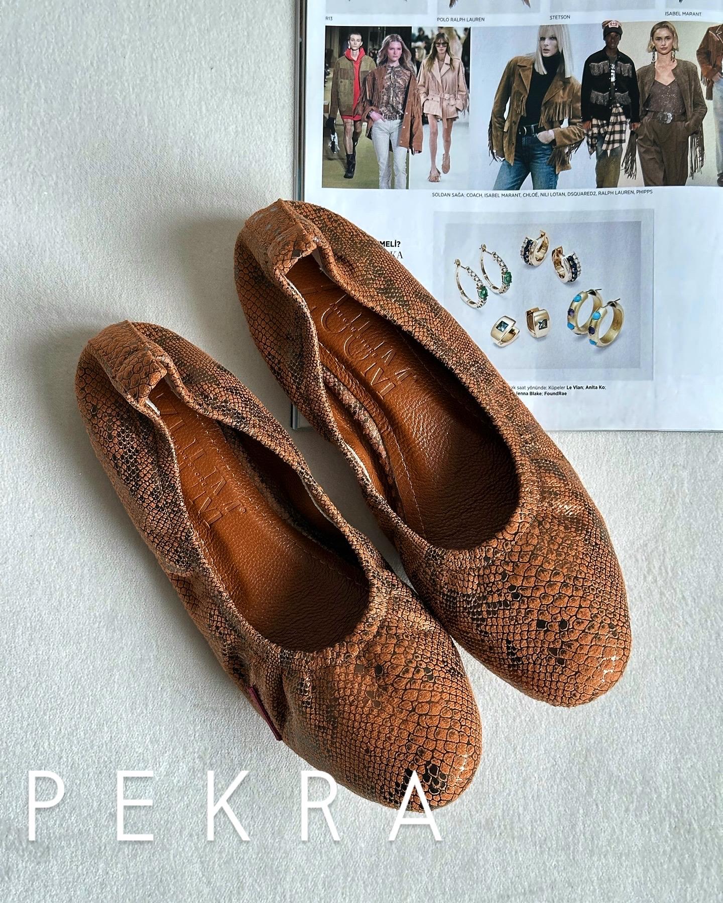 ZUUMBABET & ESPADRİLPekra %100 Hakiki Deri Büzgülü Kadın Babet - Taba Yılan Deri
