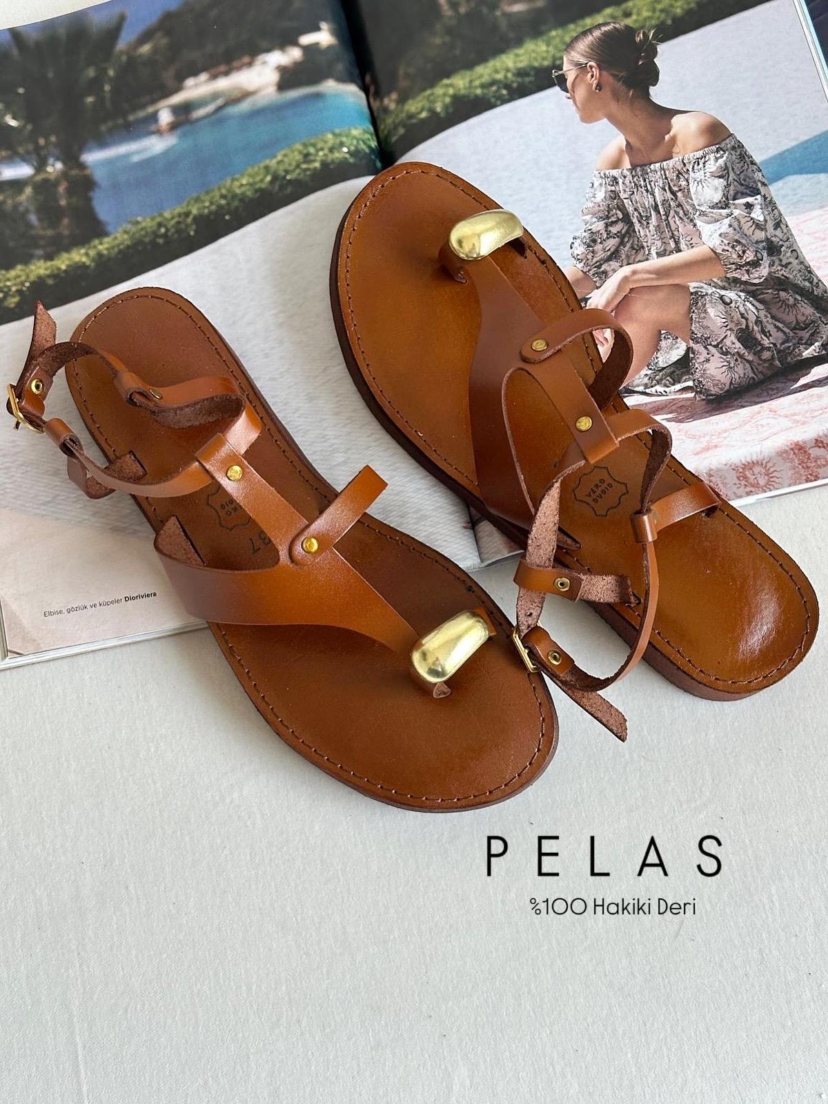 ZUUMSandaletPelas %100 Hakiki Deri Yüzüklü Parmak Arası Kadın Sandalet - Taba Deri
