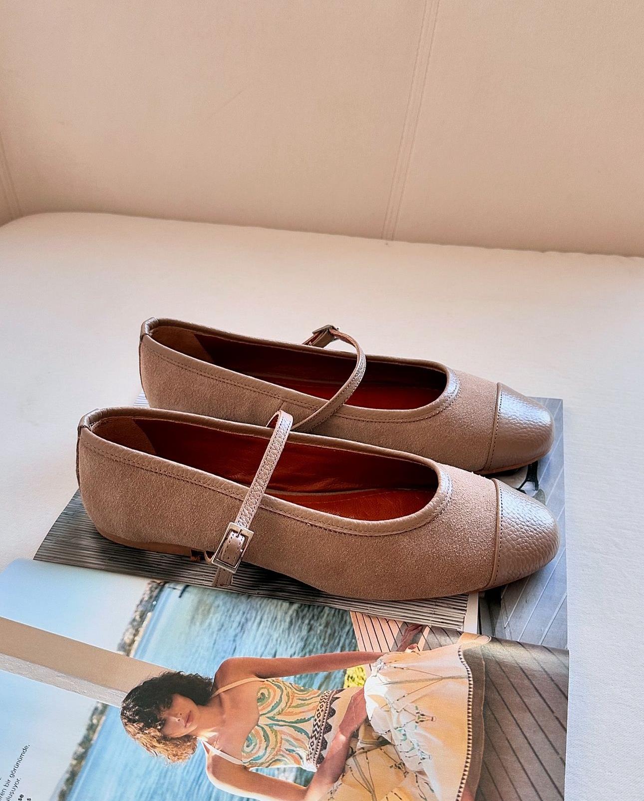 ZUUMBABET & ESPADRİLRiga % 100 Hakiki Deri Mary Jane Kadın Balerin Babet - Vizon Deri & Vizon Süet