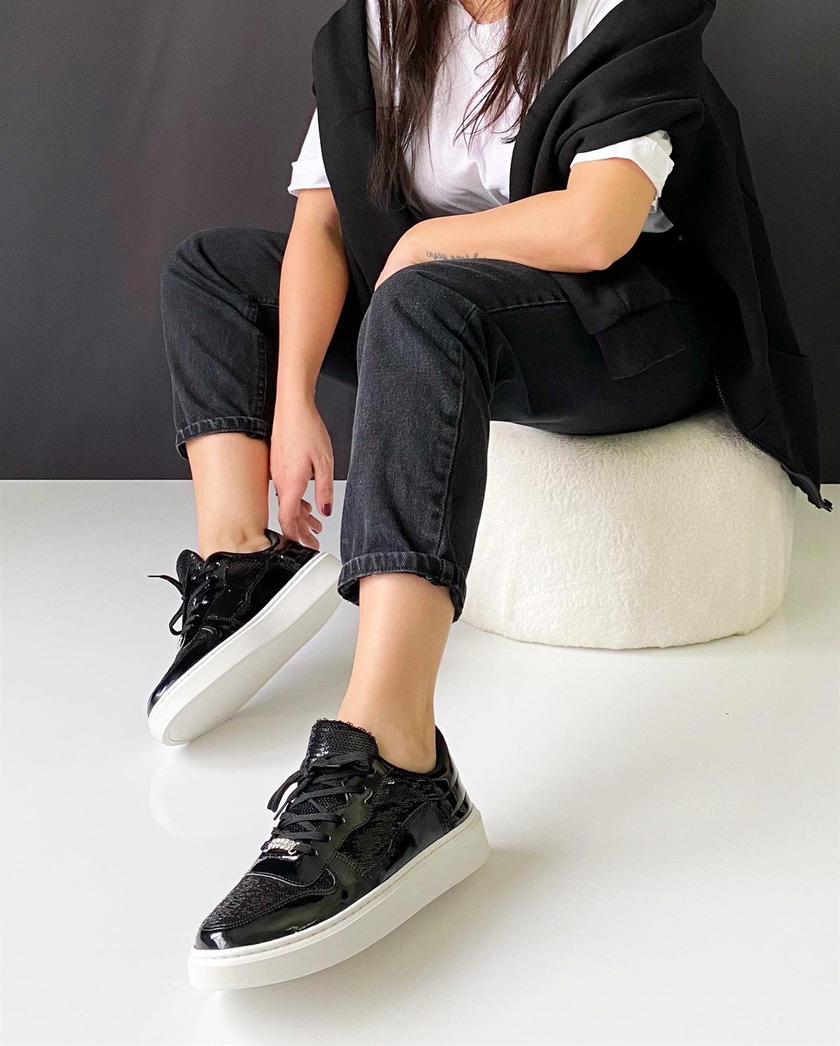 Rinus Günlük Kadın Spor Ayakkabı - Siyah & Siyah Pullu