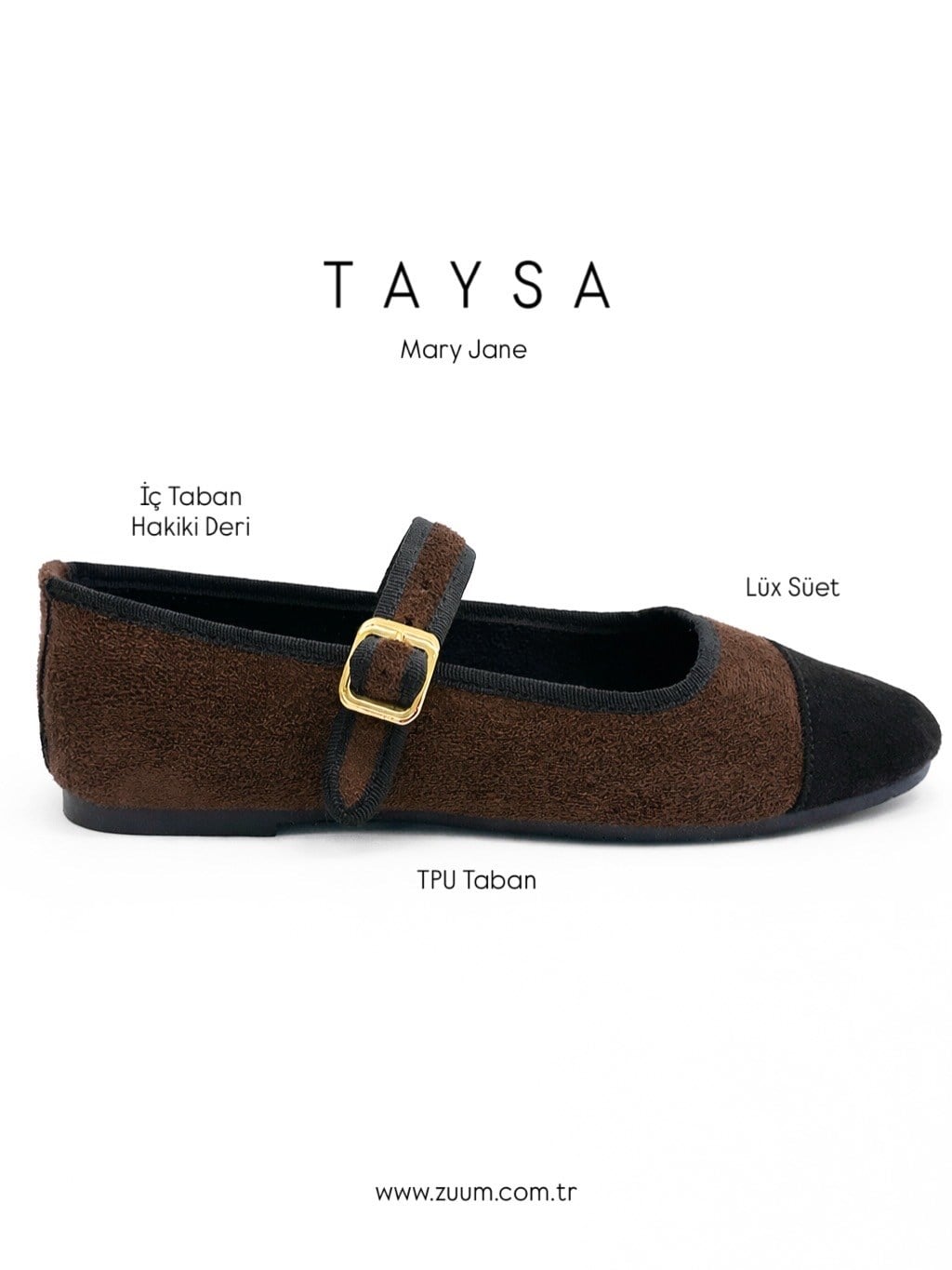 ZUUMBABET & LOAFERTaysa Mary Jane Kadın Balerin Babet - Kahve Süet & Siyah Süet