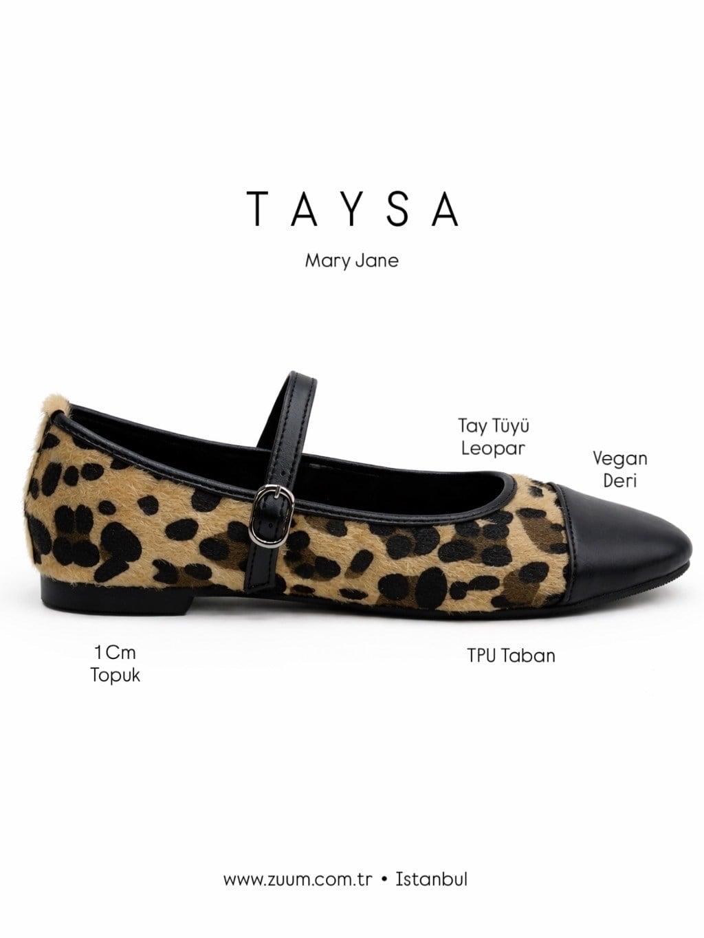 ZUUMBABET & ESPADRİLTaysa Mary Jane Kadın Balerin Babet - Leopar & Siyah Cilt