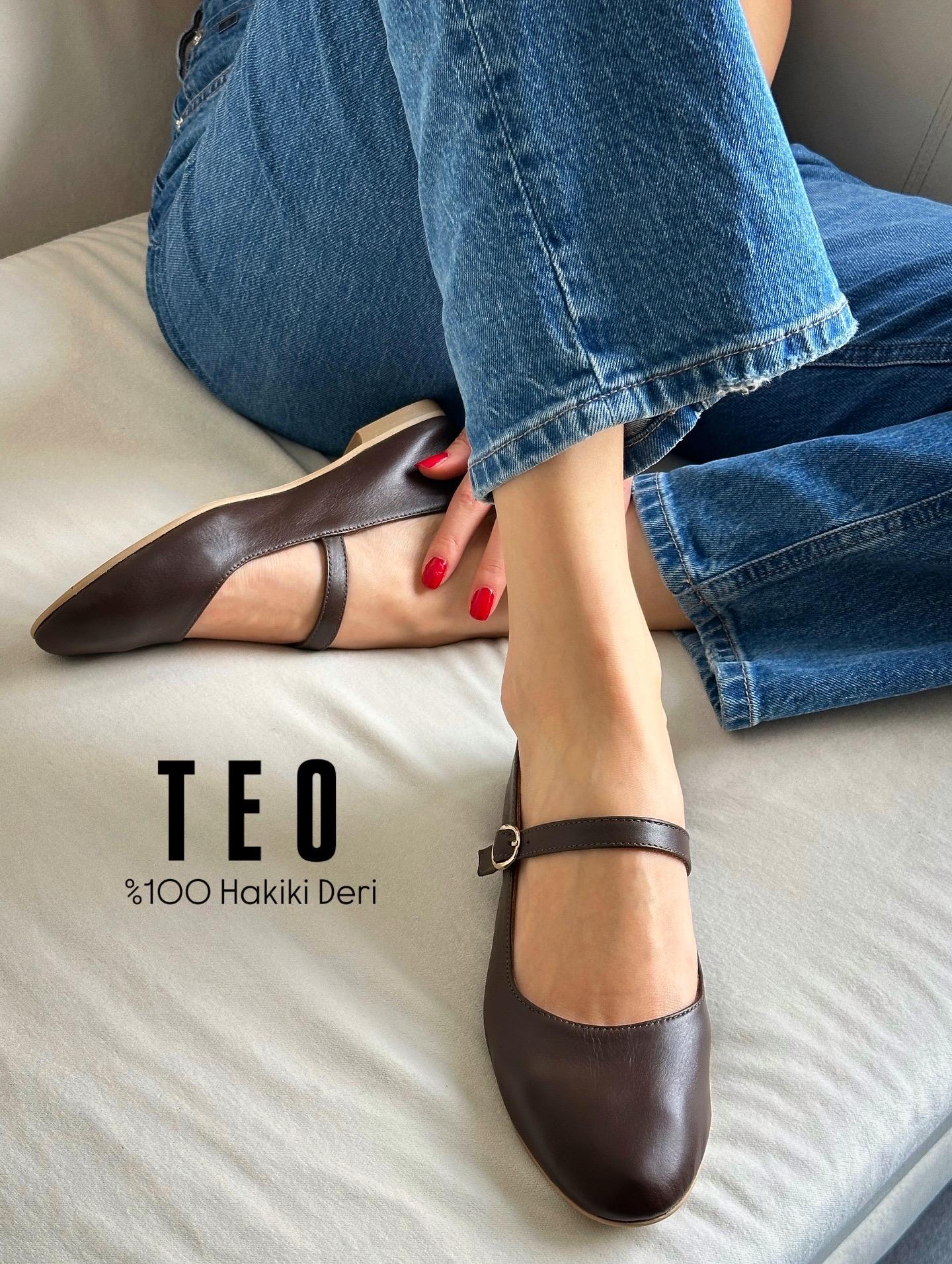 ZUUMBABET & ESPADRİLTeo % 100 Hakiki Süet Mary Jane Kadın Balerin Babet - Kahve Deri