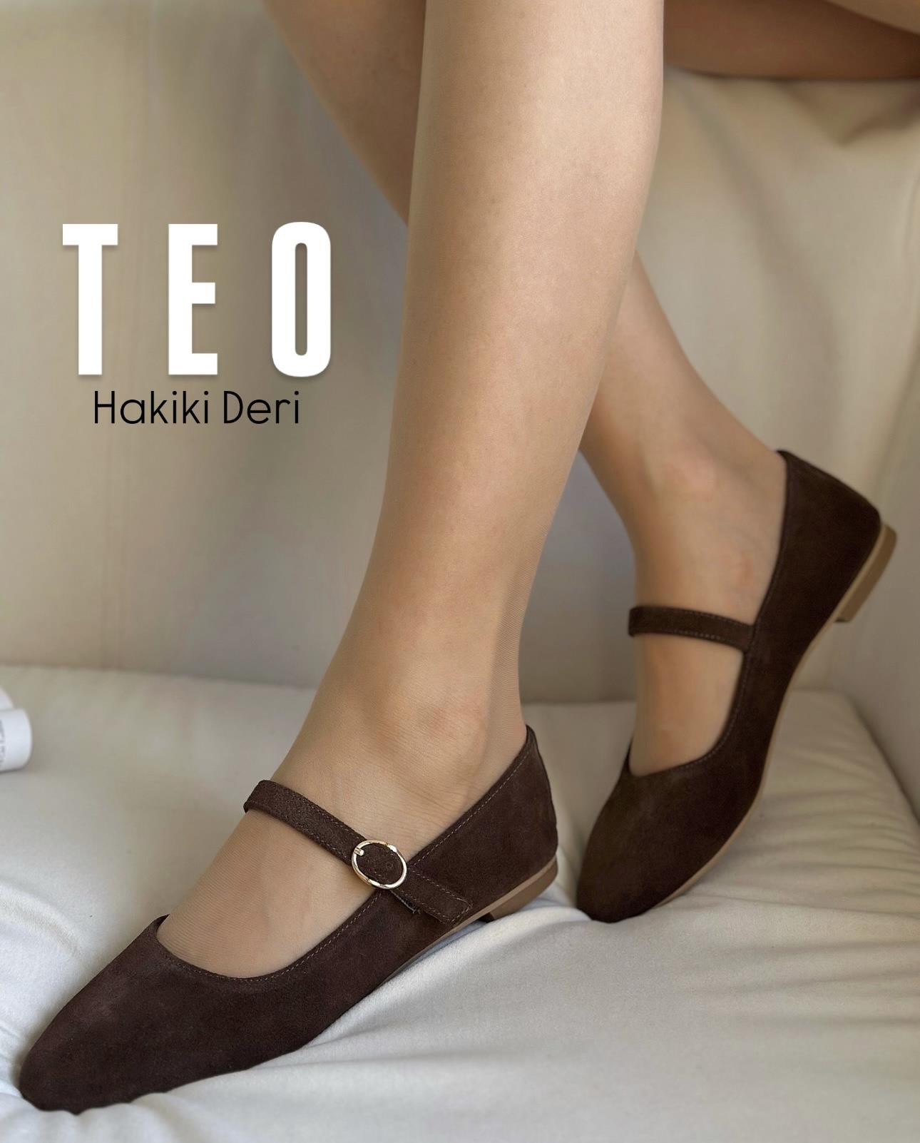 ZUUMBABET & ESPADRİLTeo % 100 Hakiki Süet Mary Jane Kadın Balerin Babet - Kahve Süet