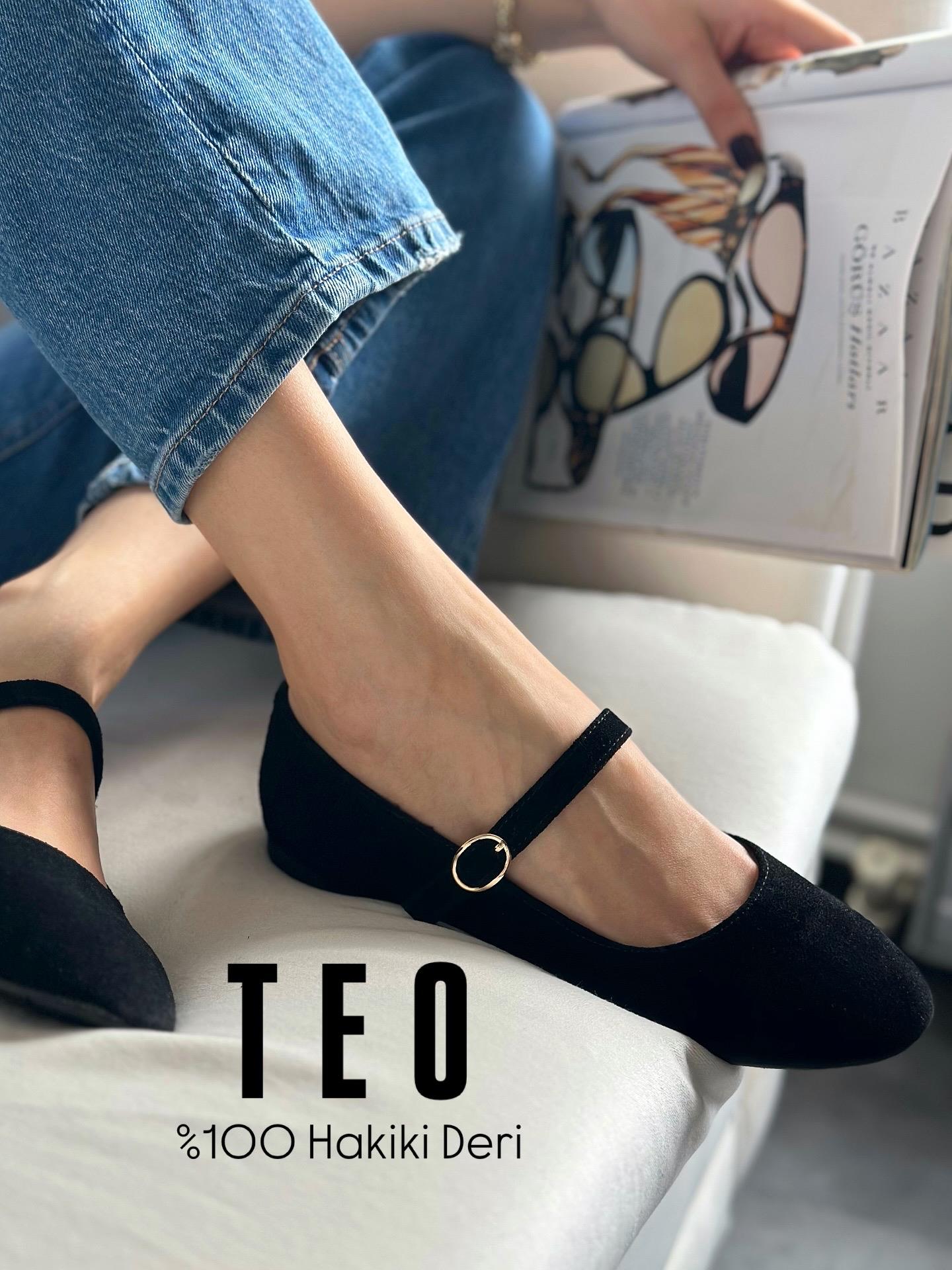 ZUUMBABET & ESPADRİLTeo % 100 Hakiki Süet Mary Jane Kadın Balerin Babet - Siyah Süet