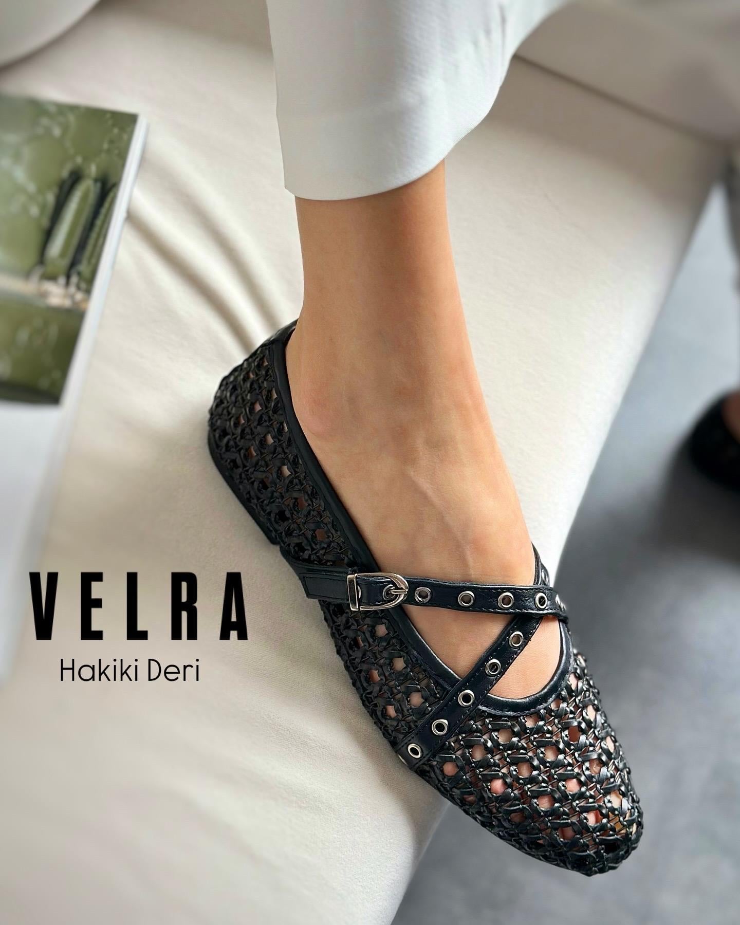 ZUUMBABET & ESPADRİLVelra Hakiki Deri El Örgüsü File Kadın Babet - Siyah Deri