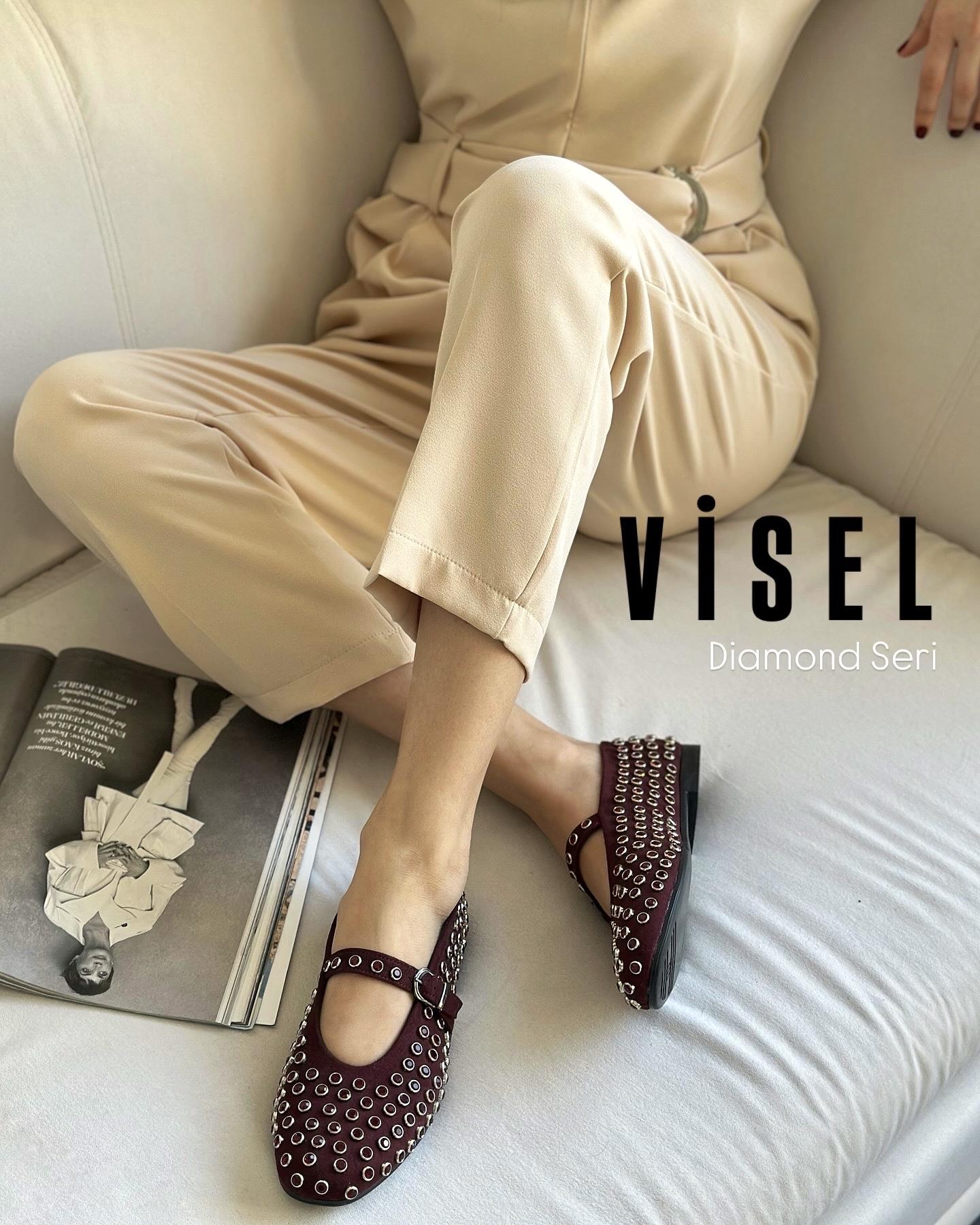 ZUUMBabet & EspadrilVisel Taşlı Kadın Babet - Bordo Süet Taşlı