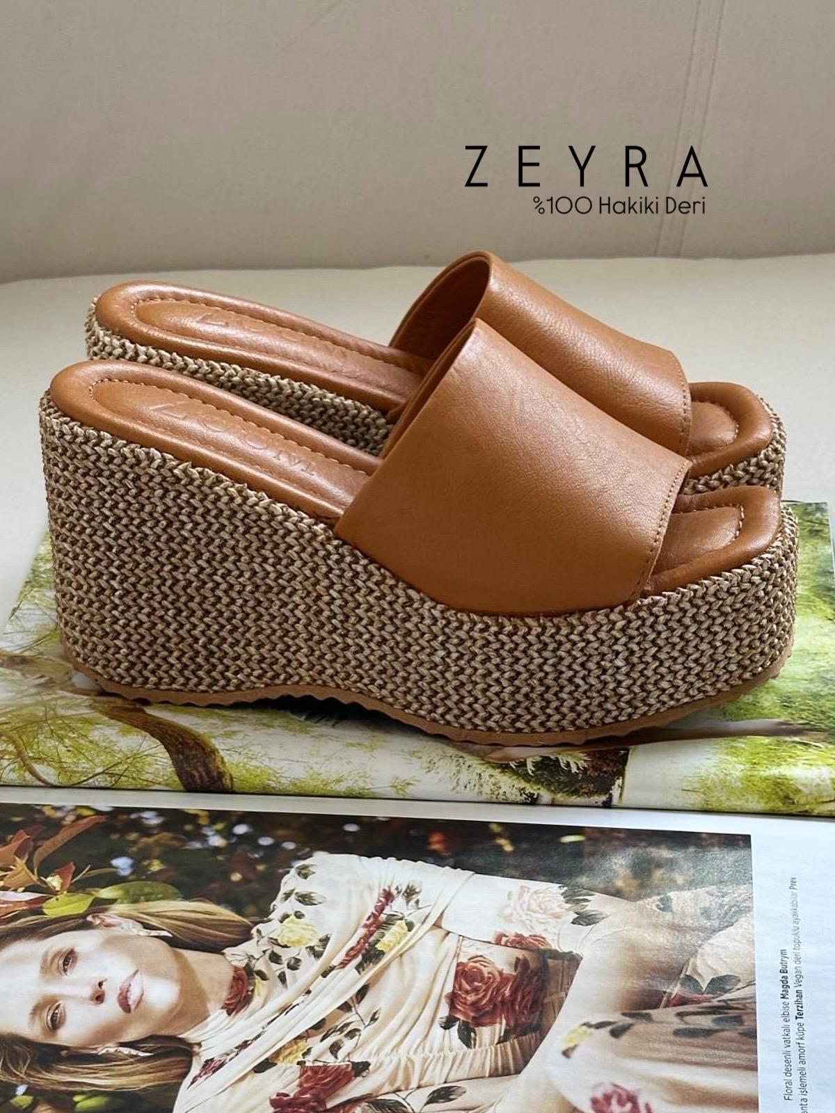 ZUUMTerlikZeyra % 100 Hakiki Deri Dolgu Topuk Kadın Terlik - Taba Deri