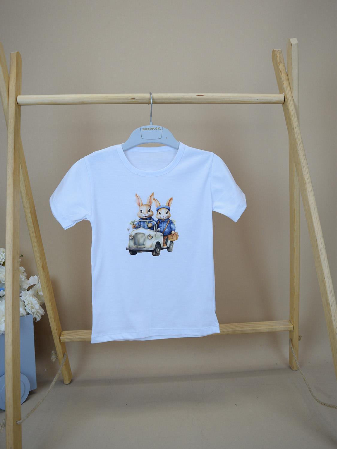 Ana Kuzusu Arabalı Tavşan Desen Tasarım Baskılı Çocuk Tişörtü BÇTTD04