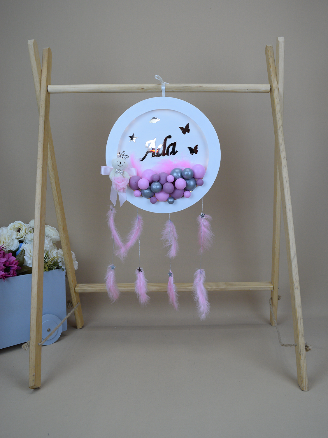 Ana Kuzusu İsme Özel Ahşap Ledli  Yuvarlak  Kapı Süsü 30 Cm 1KPS48