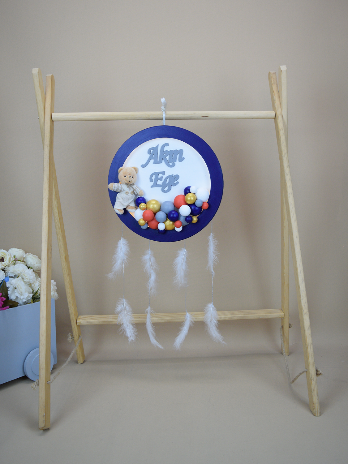 Ana Kuzusu İsme Özel Ahşap Ledli  Yuvarlak  Kapı Süsü 30 Cm 1KPS50