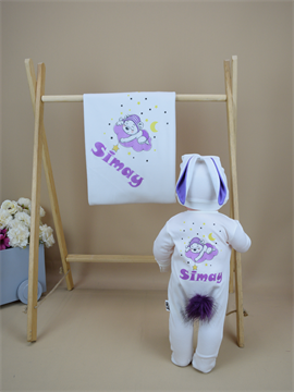 Ana Kuzusu İsme Özel Baskı Mini Set Bulut Desen Tulum Battaniye  Set 4SUYK07