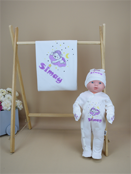 Ana Kuzusu İsme Özel Baskı Mini Set Bulut Desen Tulum Battaniye  Set 4SUYK07