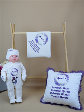 Ana Kuzusu İsme Özel Baskı Mini Set Çiçek Desen Tulum Yastık battaniye Tavşan Set 5SÇB06