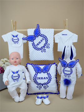 Ana Kuzusu İsme Özel Nakış Hastane Çıkışı Kanat Çelenk Yastıklı Tavşanlı Set Patik 12SKÇS22