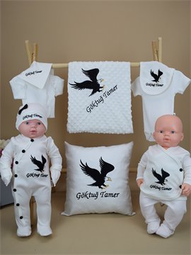 Ana Kuzusu İsme Özel Nakış Hastane Çıkışı Kartal Desen Yastıklı Set Nohut battaniye  11KRT023