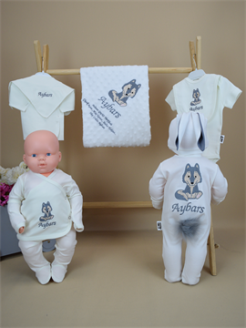 Ana Kuzusu İsme Özel Nakış Hastane Çıkışı   Kurt Desen Tavşanlı Set 10KRT60