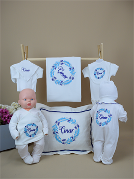 Ana Kuzusu İsme Özel Nakış Hastane Çıkışı Battaniye Kar Desen Çelenk  Fırfırlı Yastık Yakalı Set11KDSÇ27