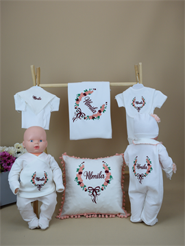 Ana Kuzusu İsme Özel Nakış Hastane Çıkışı Çiçek Çelenk Çelenk   Yastık Yakalı Set11ÇÇSÇ28