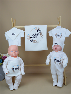 Ana Kuzusu İsme Özel Nakış Hastane Çıkışı İsim Çicek Demet Kulak Set 10ÇDD22