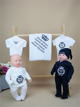 Ana Kuzusu İsme Özel Nakış Hastane Çıkışı Nohut Battaniye  Kral Taç Desen Tavşanlı Set 10KTD61