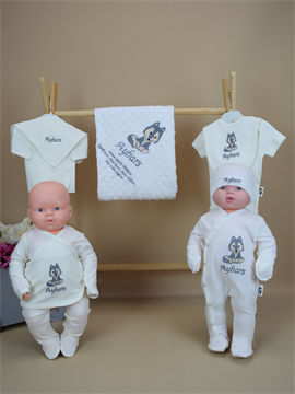 Ana Kuzusu İsme Özel Nakış Hastane Çıkışı   Kurt Desen Tavşanlı Set 10KRT60