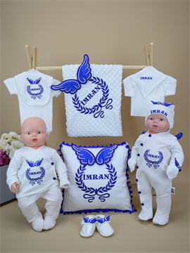 Ana Kuzusu İsme Özel Nakış Hastane Çıkışı Kanat Çelenk Yastıklı Tavşanlı Set Patik 12SKÇS22