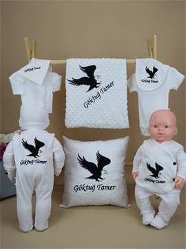 Ana Kuzusu İsme Özel Nakış Hastane Çıkışı Kartal Desen Yastıklı Set Nohut battaniye  11KRT023