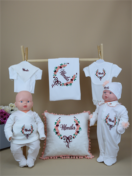 Ana Kuzusu İsme Özel Nakış Hastane Çıkışı Çiçek Çelenk Çelenk   Yastık Yakalı Set11ÇÇSÇ28