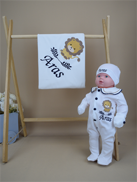 Ana Kuzusu İsme Özel Nakış Mini Set Aslan Desen Tulum  Penye Battaniye Yakalı Set 4SAD053