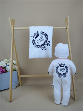 Ana Kuzusu İsme Özel Nakış Mini Set Kral Tacı Desen Tulum Nohut  Battaniye  Set 4SKTD053