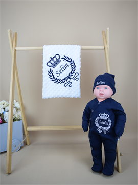 Ana Kuzusu İsme Özel Nakış Mini Set Kral Tacı Desen Tulum Nohut  Battaniye  Set 4SKTD052