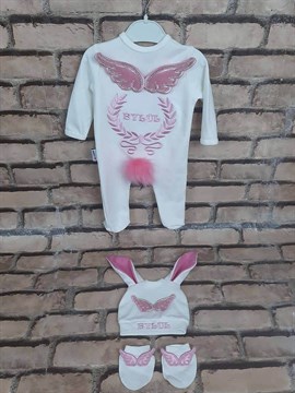 Ana Kuzusu İsme Özel Tulum Seti Nakışlı Çelenk Kanat Tavşan  3SATK37