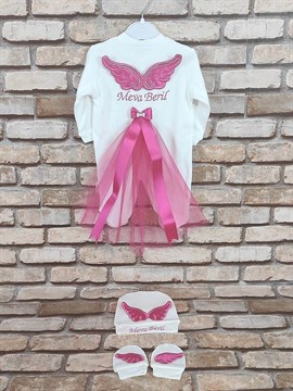 Ana Kuzusu İsme Özel Tulum Seti Nakışlı Aplike Tütülü Kanat  3TNPT03