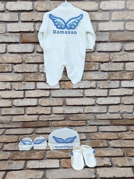 Ana Kuzusu İsme Özel Tulum Seti Nakışlı Aplike Kanat Patik 4TPT04