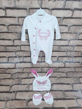 Ana Kuzusu İsme Özel Tulum Seti Nakışlı Çelenk Kanat Tavşan  3SATK37