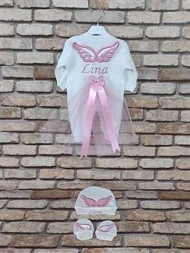 Ana Kuzusu İsme Özel Tulum Seti Nakışlı Aplike Tütülü Kanat  3TNPT03