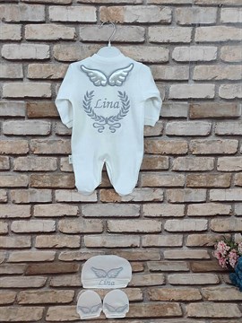 Ana Kuzusu İsme Özel Tulum Seti Nakışlı Aplike Çelenk Kanat 3SACK03