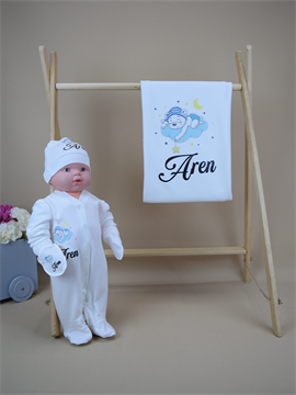 İsme Özel Baskı Mini Set Bulut Desen Tulum Battaniye  Set 4SBB04